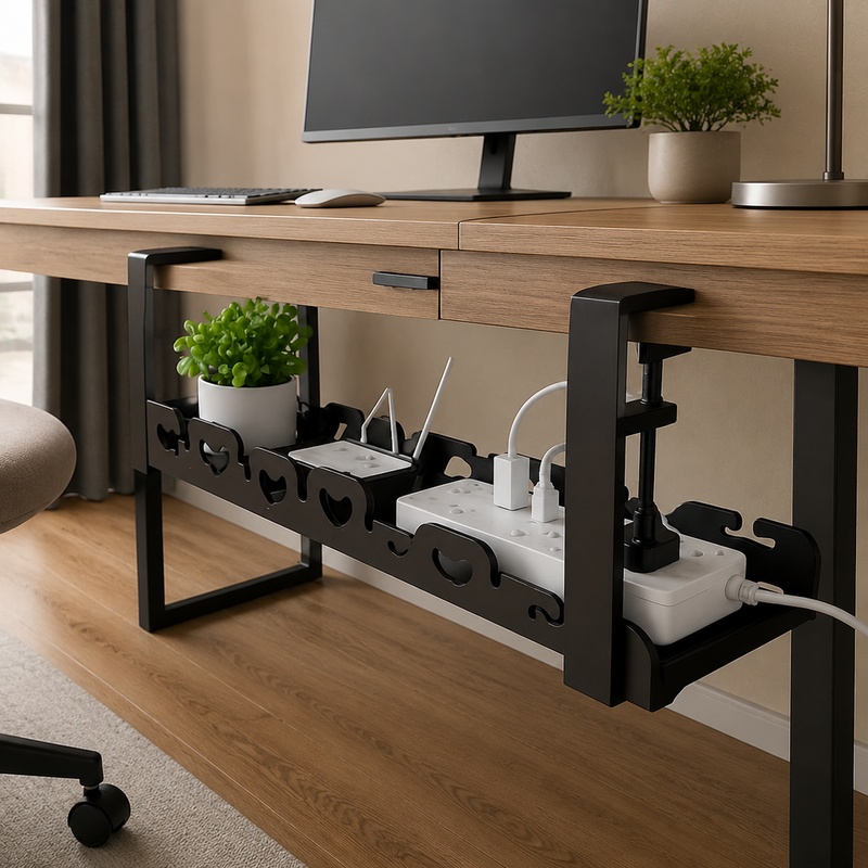 Desk Setup Living Room - Under-Desk Metal Tray for Cable Management